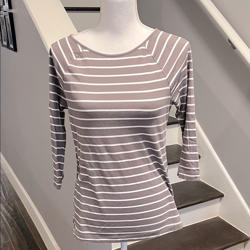 Ann Taylor Taupe And White Striped Pull Over Top. Gently Worn. Sz. L